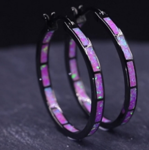 Black and Turquoise Blue Opal Hoop Earrings Hoops Rhinestone Crystal Channel New - Picture 11 of 11